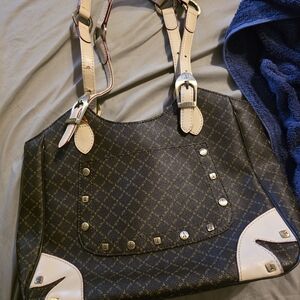 Patterned Black and Cream Shoulder Tote with Stud Accents